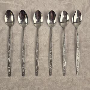 Vintage Lot of 6 Imperial Stainless Iced Tea Spoons 7.5" Floral 18% Chrome Korea
